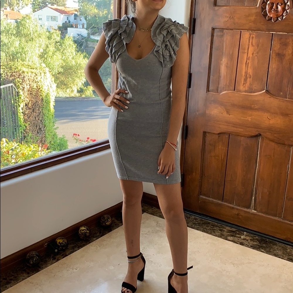 Grey Dress with detailed ruffled shoulders